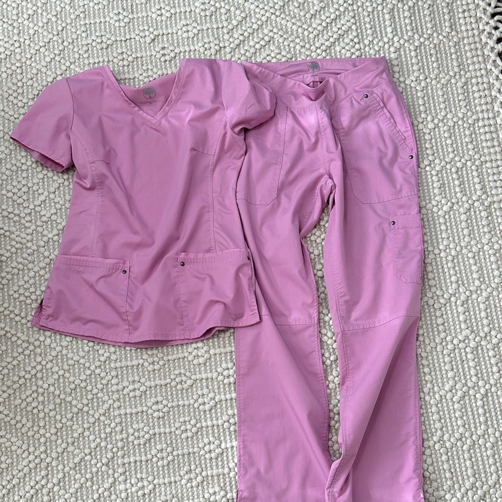 Healing hands lavender Scrub Set size med top size small bottom
